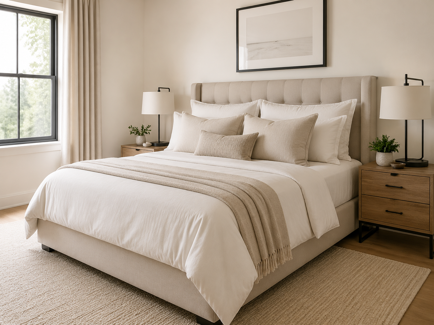 Freshly cleaned bedroom with a neatly made bed